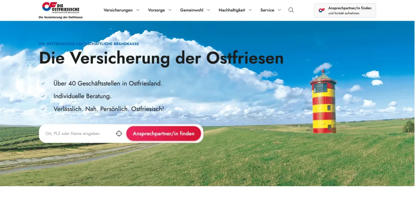 Website der Ostfriesischen Landschaftlichen Brandkasse Versicherung mit Pilsumer Leuchtturm als Wiedererkennungsmerkmal