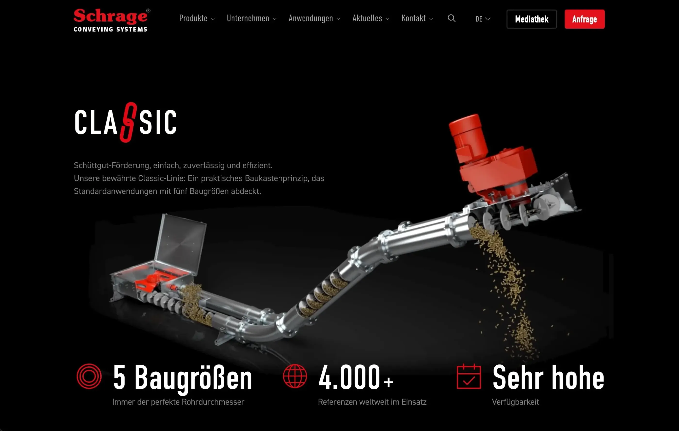 Darstellung des Schrage Rohrfördersystems Classic-Line auf der Unternehmenswebsite