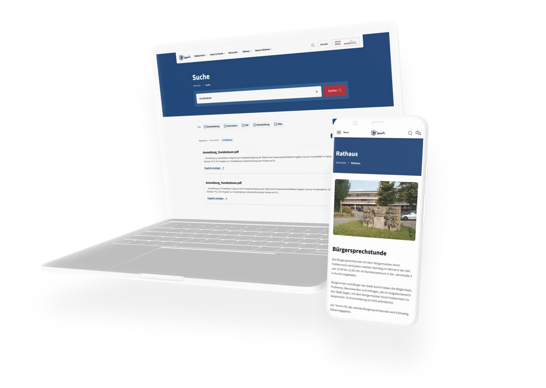 Ein Smartphone- und Notebook Mockup stellt die Suchfunktion auf aurich.de dar